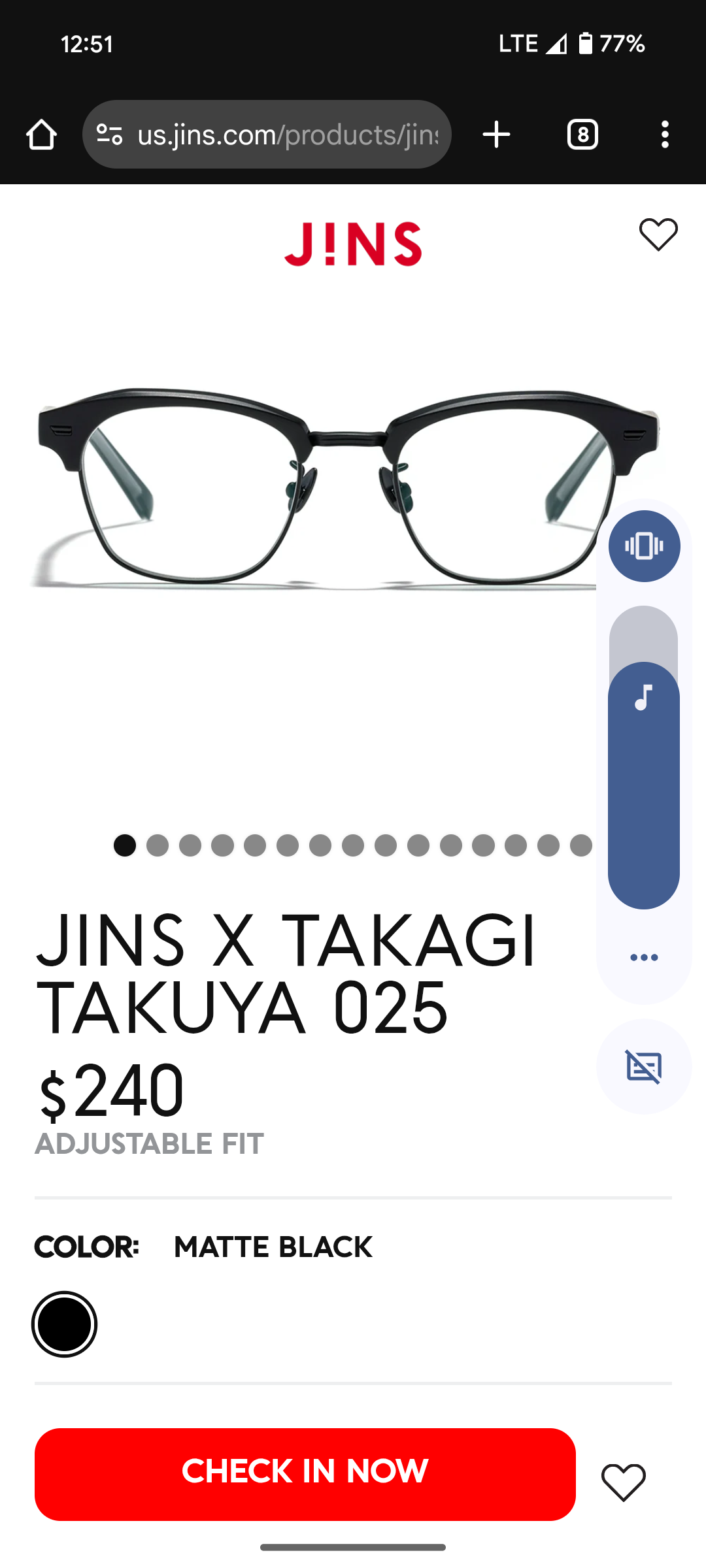 Screenshot of Jin's glasses product page
